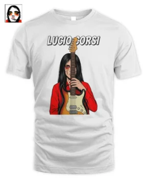 Maglietta Unisex Lucio Corsi in Cotone Bianco con Grafica Chitarrista Indie Rock