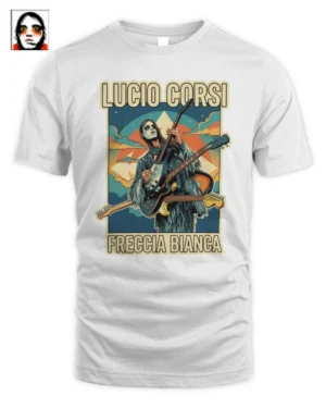 Esclusiva T-Shirt Unisex Lucio Corsi - Musicista con Chitarra Bianca "Freccia Bianca"